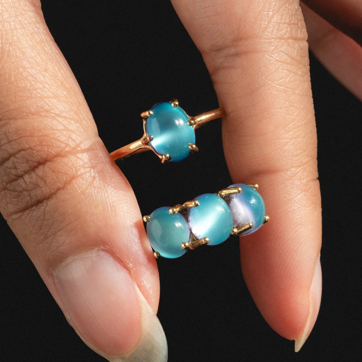 14k Blue Crush Cat's Eye Moonstone Baby Gumdrop Ring - Image 4