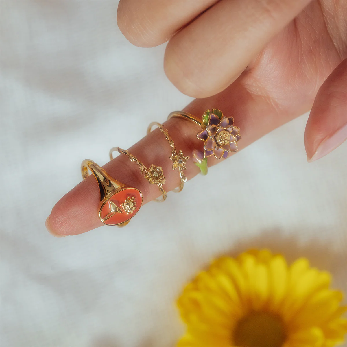 Enamel Birth Flower Signet Ring - Image 4