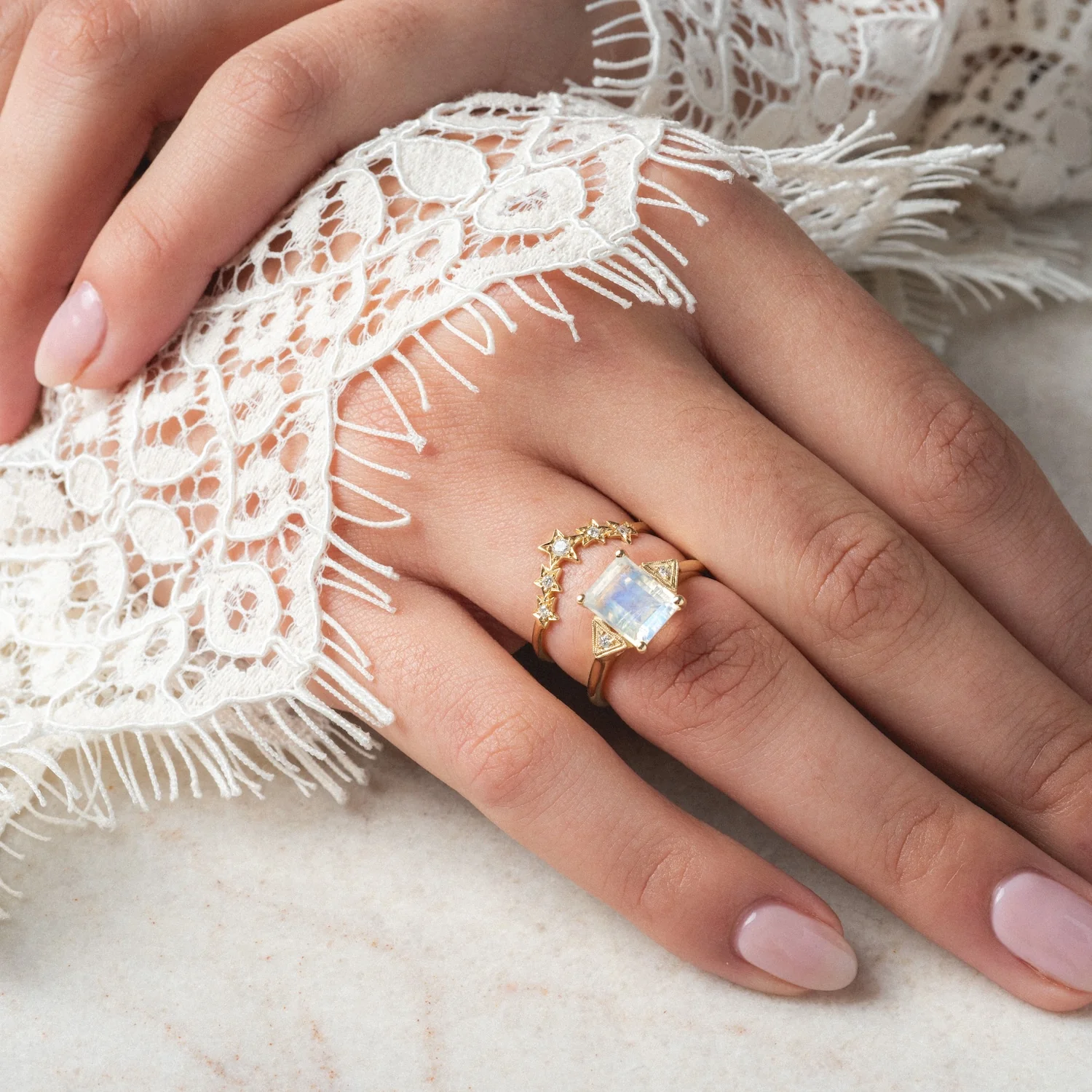 14k Celestia Rainbow Moonstone and Diamond Ring - Image 2