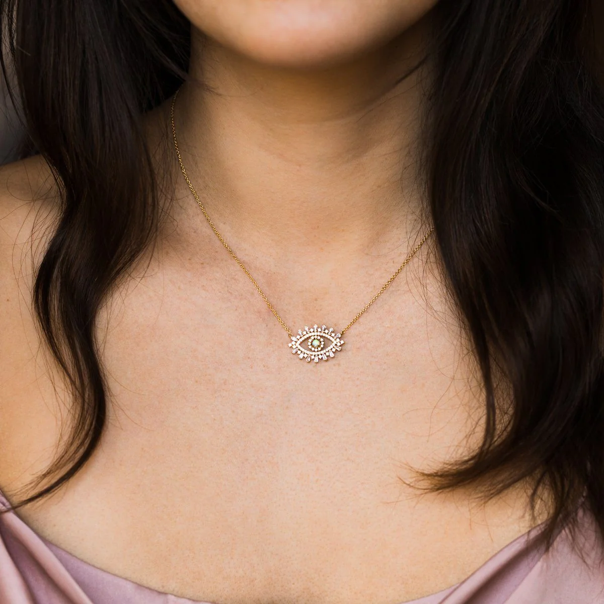 CZ Evil Eye with Opal Center Necklace - Image 4