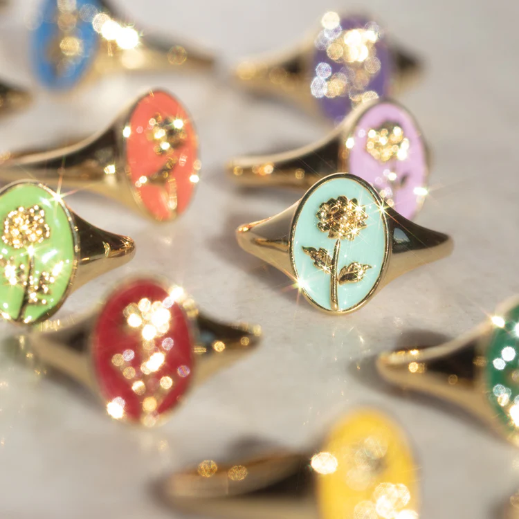 Enamel Birth Flower Signet Ring - Image 11