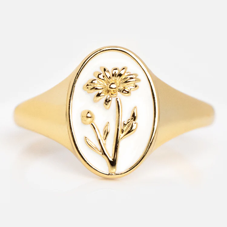 Enamel Birth Flower Signet Ring - Image 17
