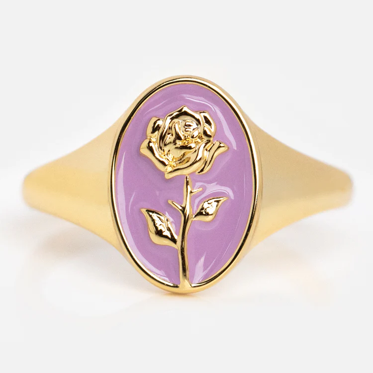 Enamel Birth Flower Signet Ring - Image 19