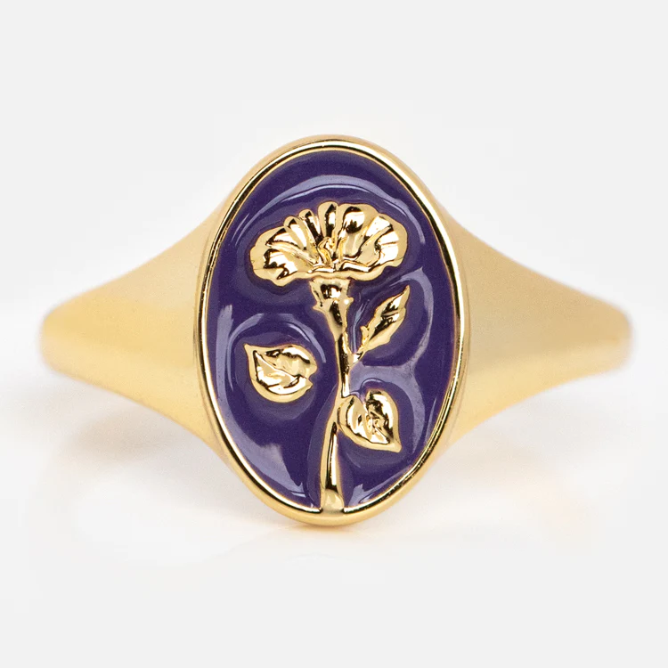 Enamel Birth Flower Signet Ring - Image 22