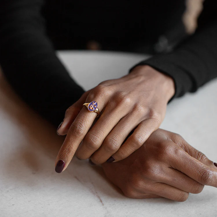 Enamel Birth Flower Signet Ring - Image 7