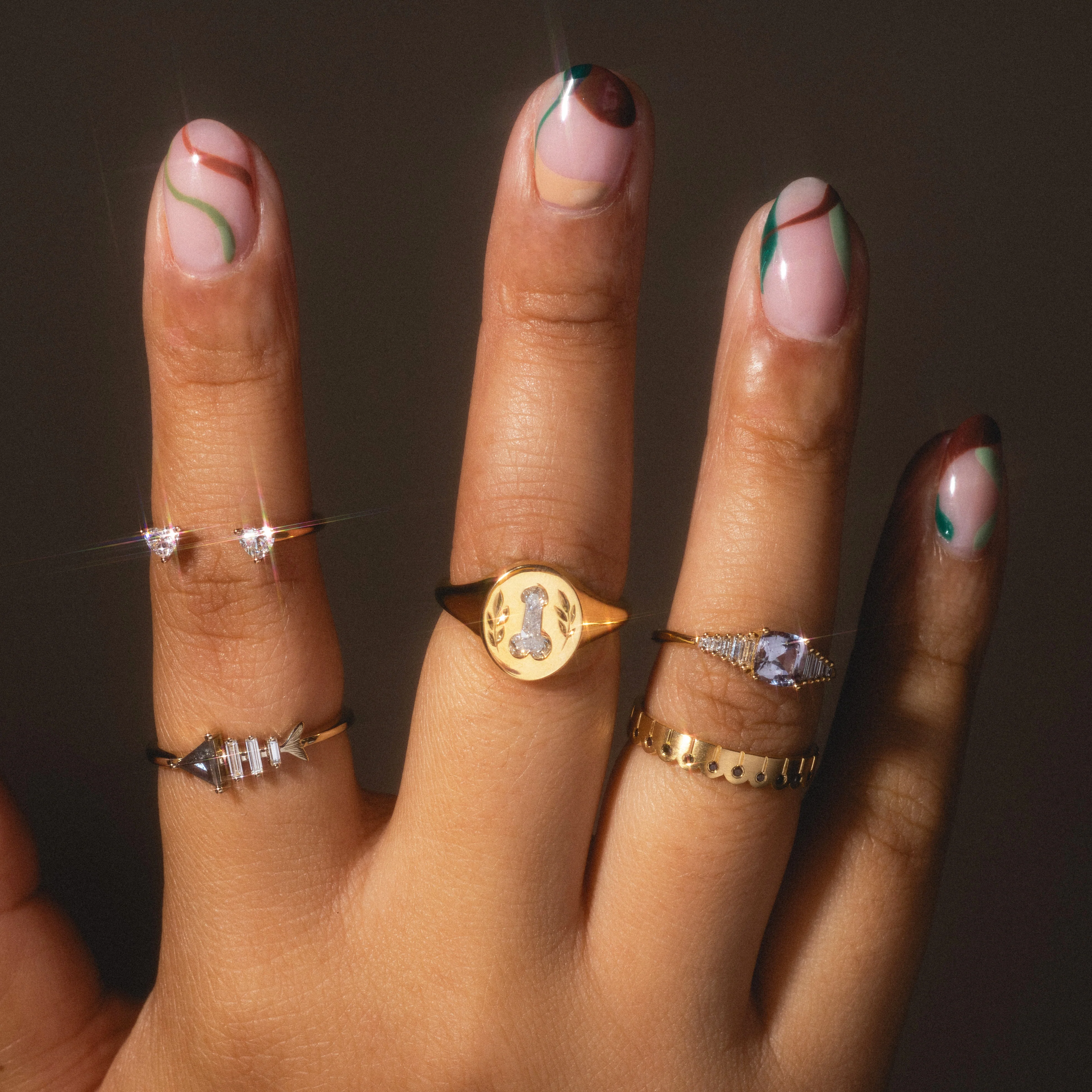 Gold Fish Bone Ring with Triangle and Baguette Cut Diamond - Image 5