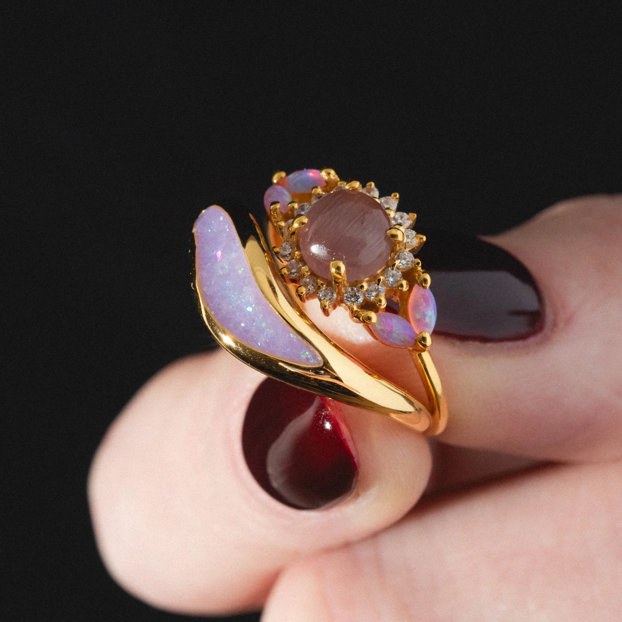 Pink Opal and Cats Eye Moonstone Sunflower Ring - Image 4