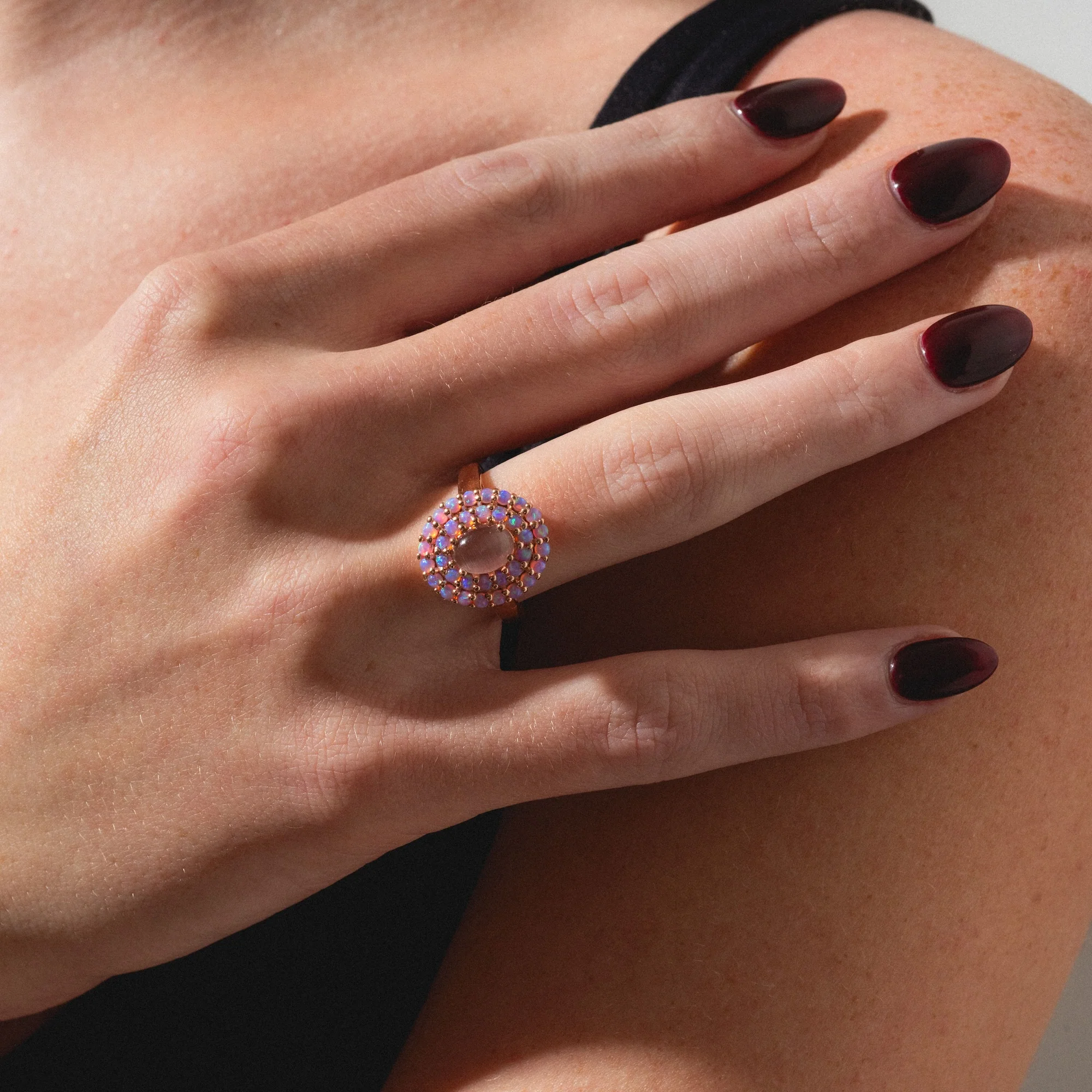 Rose Gold Pink Opal and Cats Eye Moonstone Crown Ring - Image 2