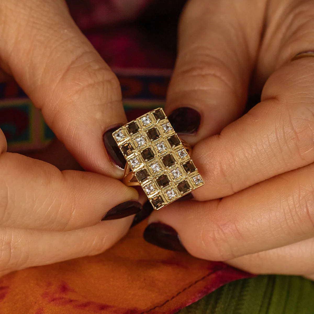 Solid Gold Checkerboard Gemstone Shield Ring - Image 4