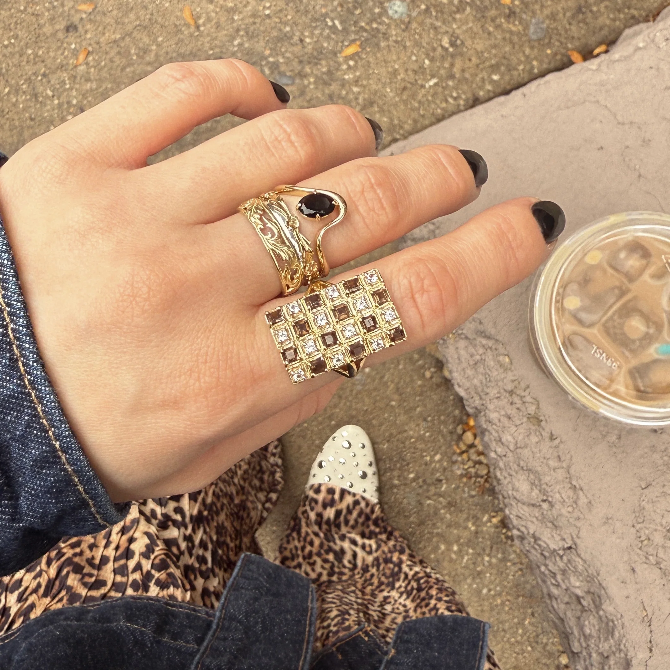 Solid Gold Checkerboard Gemstone Shield Ring - Image 9