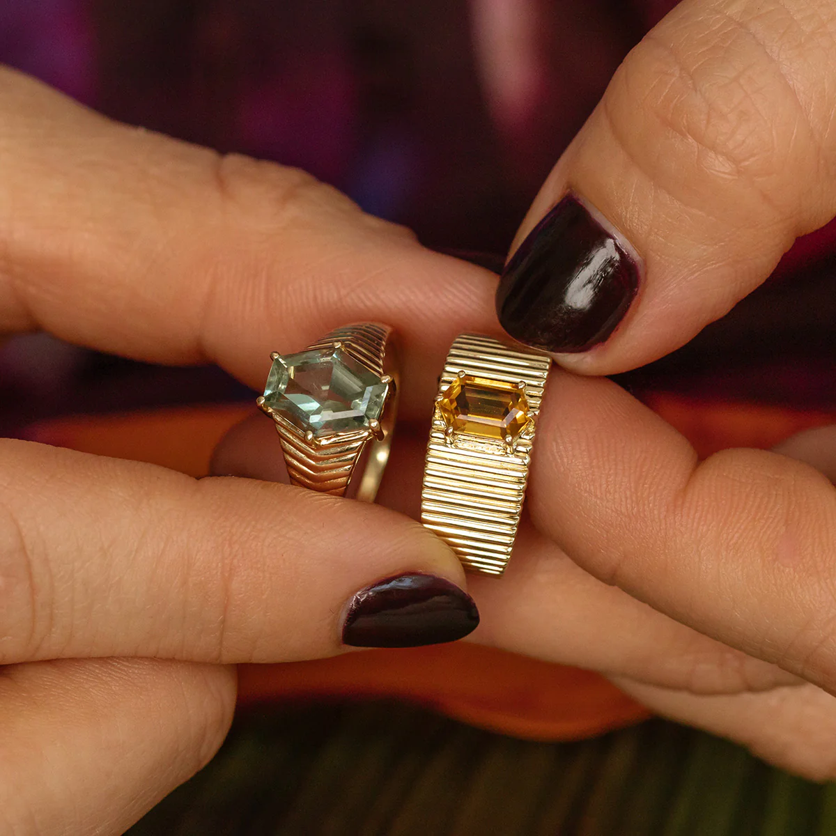 Solid Gold Green Amethyst Bold Chevron Ring - Image 3