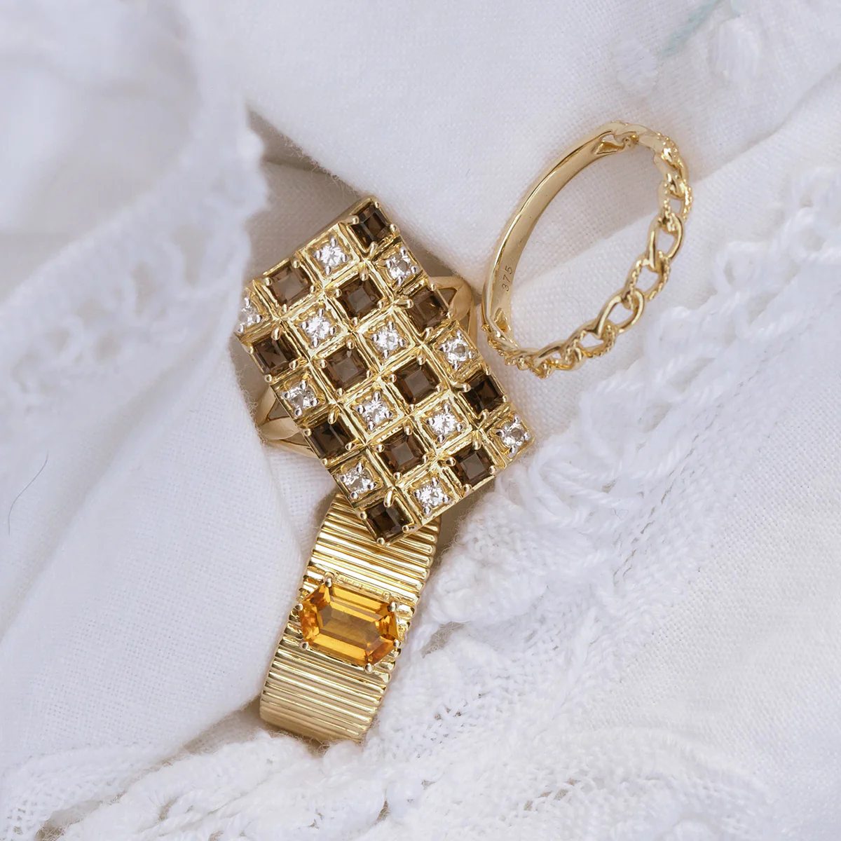 Solid Gold Checkerboard Gemstone Shield Ring - Image 3