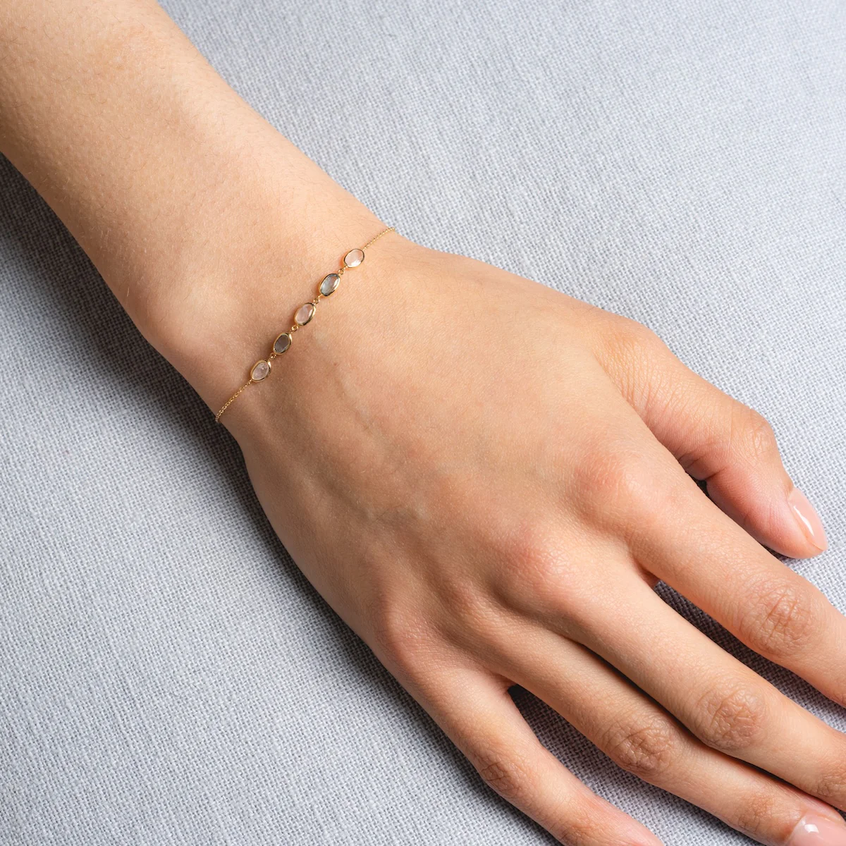 Solid Gold Daybreak Moonstone and Blue Topaz Bracelet - Image 2