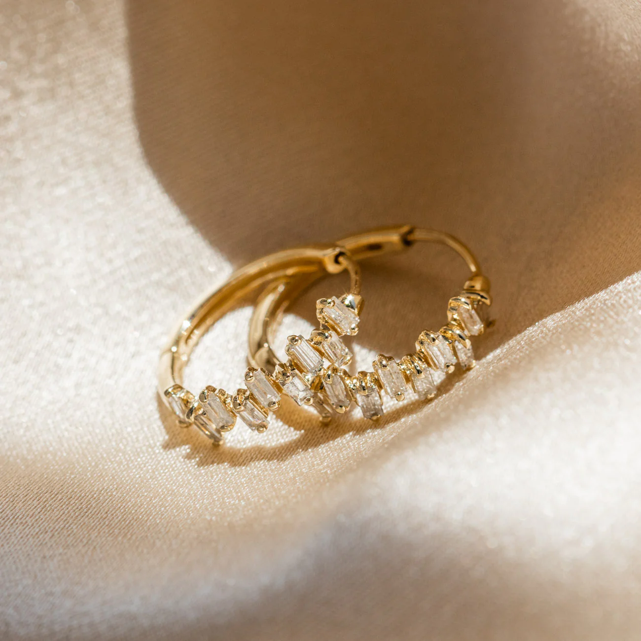 Solid Gold Diamond Baguette Huggie Hoops - Image 5