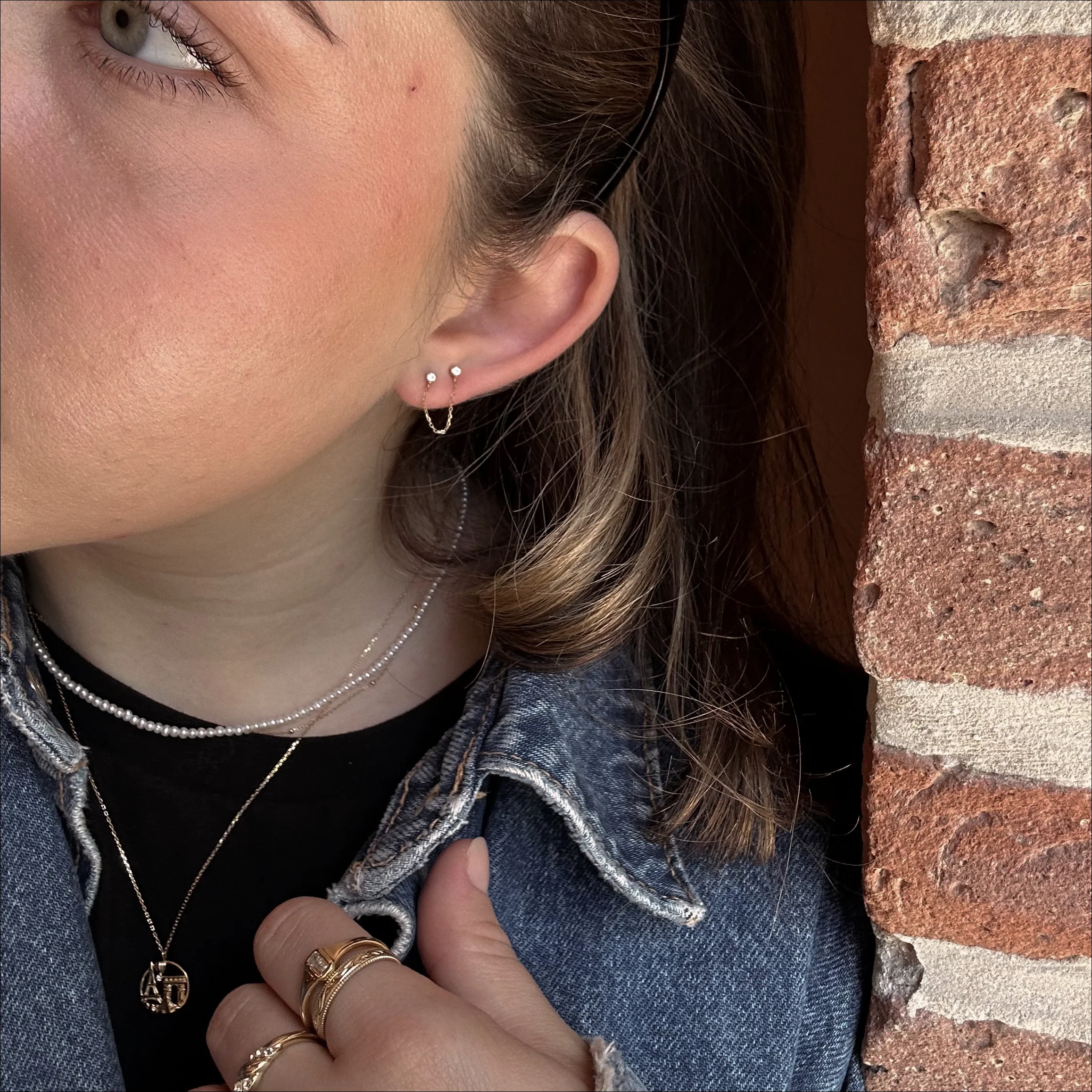 Solid Gold Double Piercing Chain Earrings - Image 3