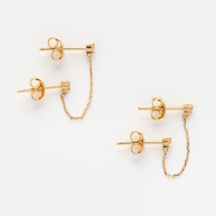 Solid Gold Double Piercing Chain Earrings - Image 5