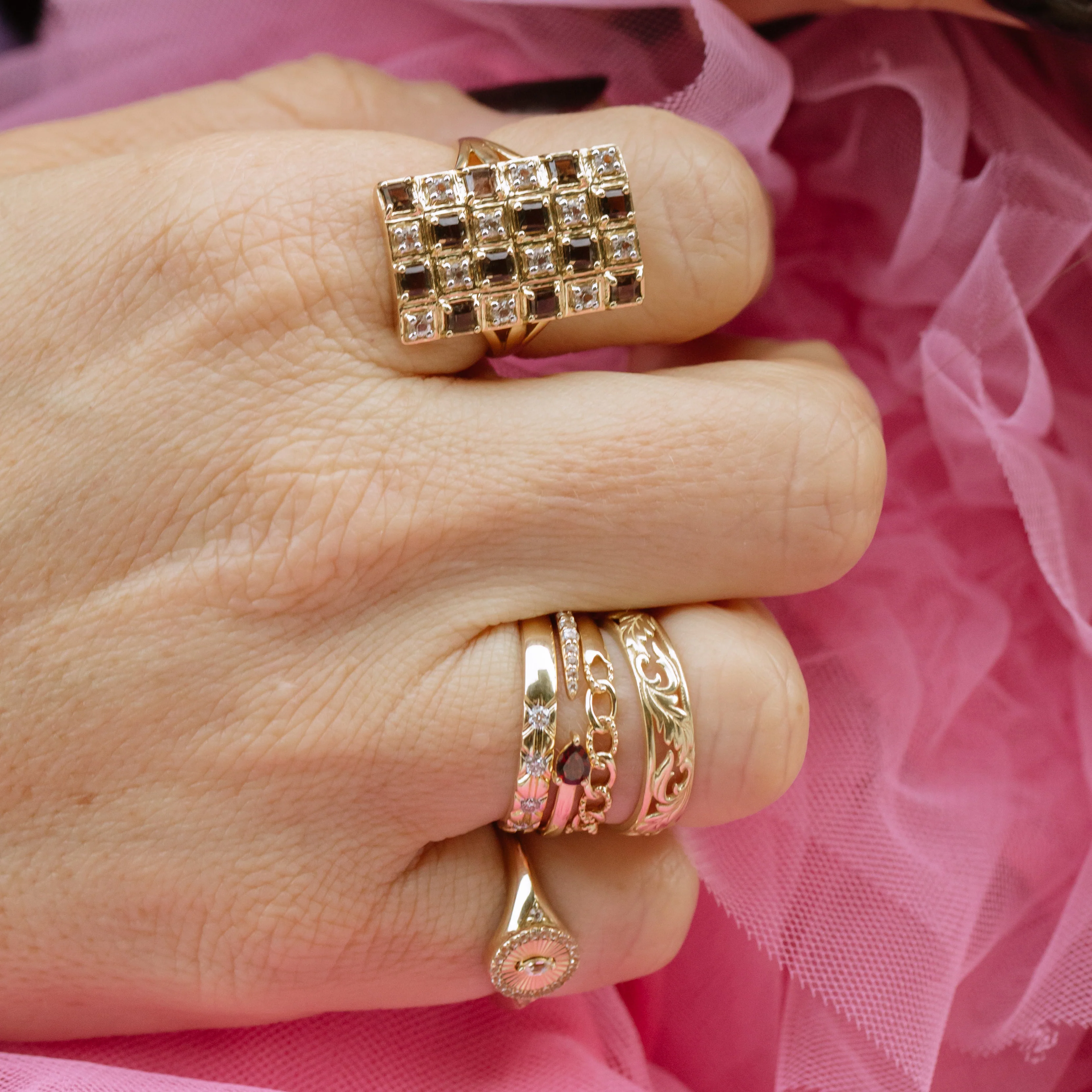 Solid Gold Garnet and Sapphire Open Front Band - Image 6