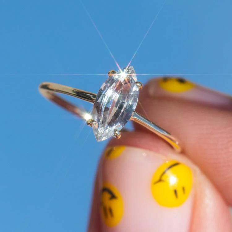 Solid Gold Gemstone Marquise Ring in White Topaz - Image 3