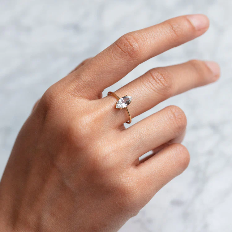 Solid Gold Gemstone Marquise Ring in White Topaz - Image 4