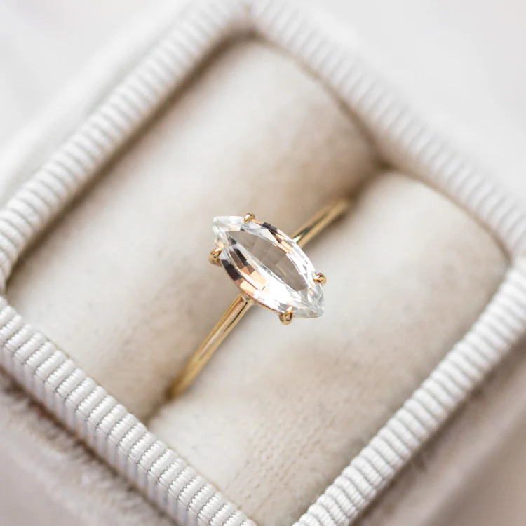 Solid Gold Gemstone Marquise Ring in White Topaz - Image 5