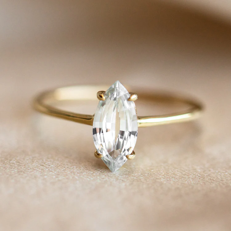 Solid Gold Gemstone Marquise Ring in White Topaz - Image 6