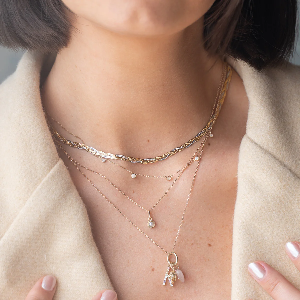 Solid Gold Horizon Moonstone and Opal Sprinkle Necklace - Image 2