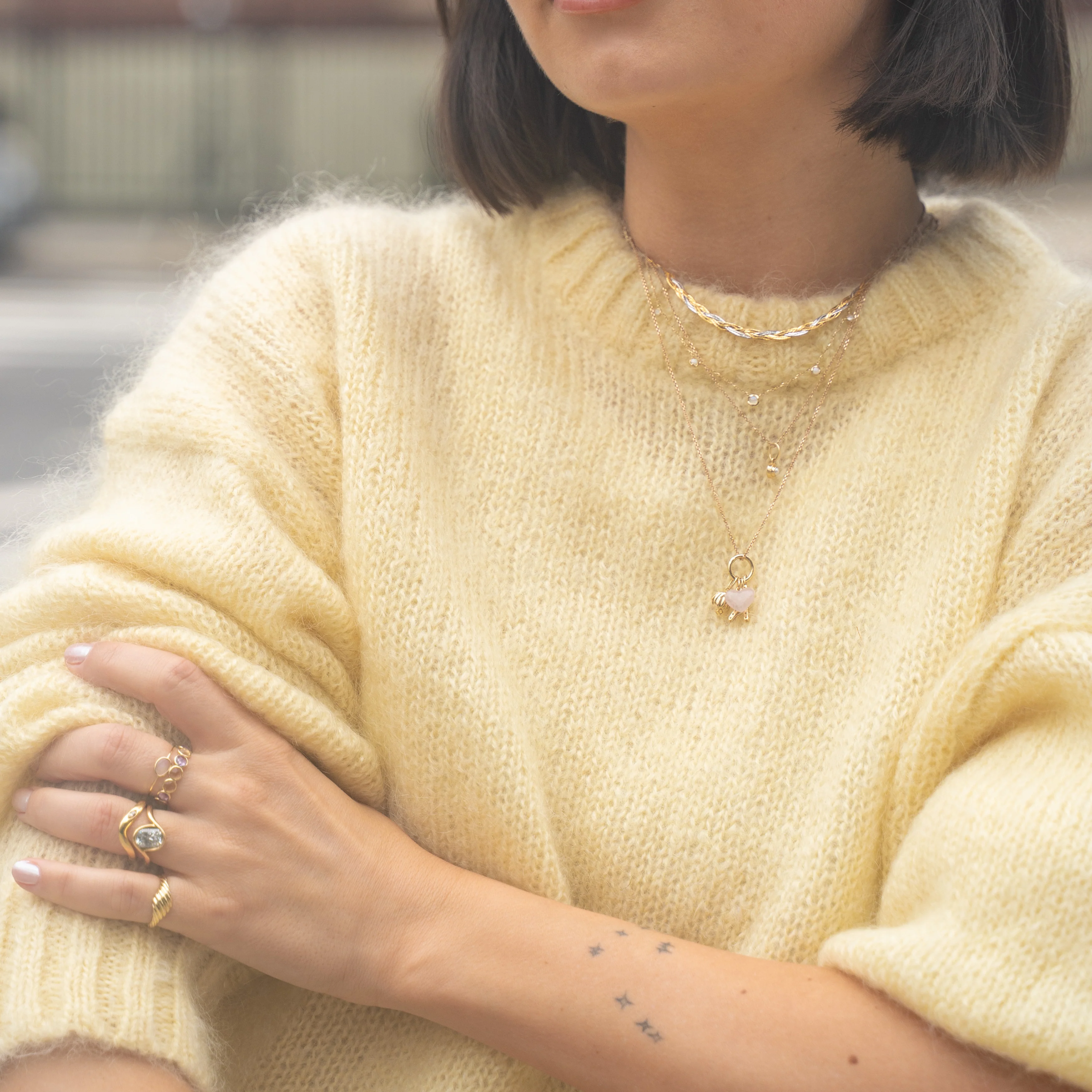 Solid Gold Horizon Moonstone and Opal Sprinkle Necklace - Image 3