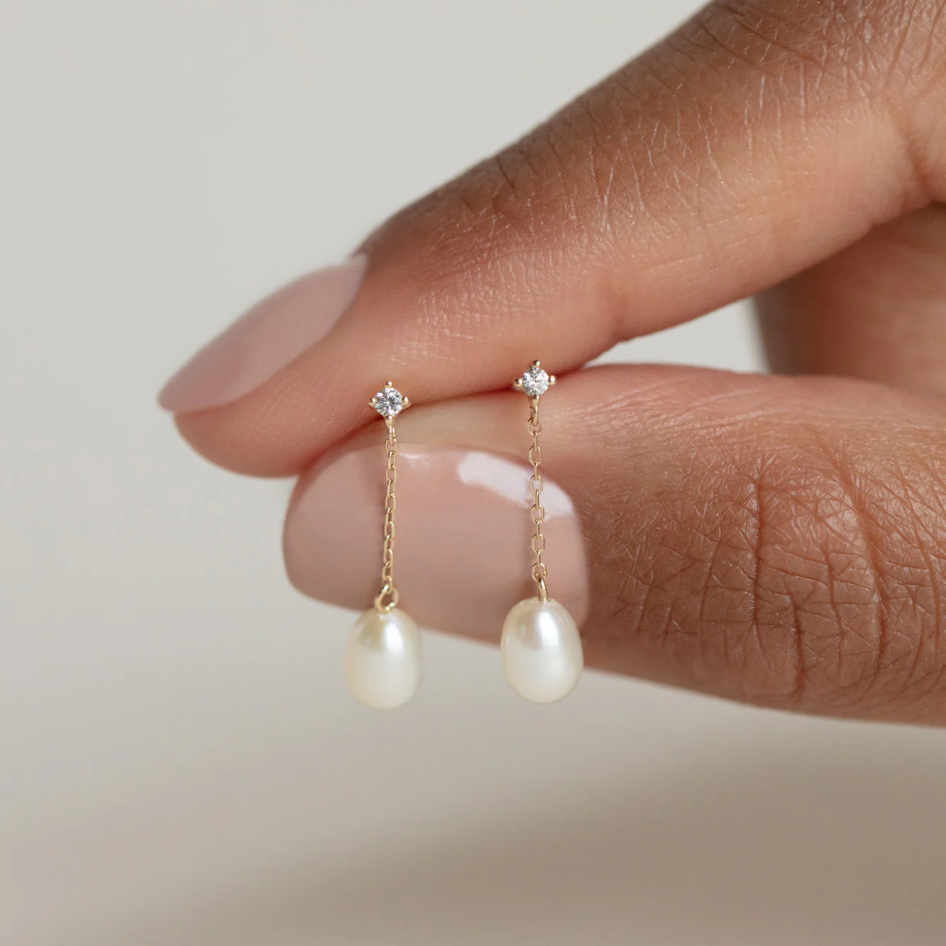Solid Gold Pearl and White Sapphire Drop Earrings - Image 3