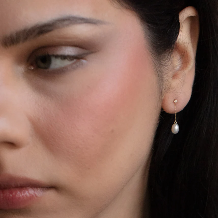 Solid Gold Pearl and White Sapphire Drop Earrings - Image 4