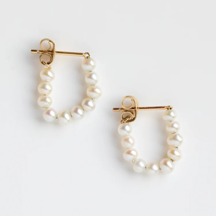 Solid Gold Pearl Strand Hoops - Image 3
