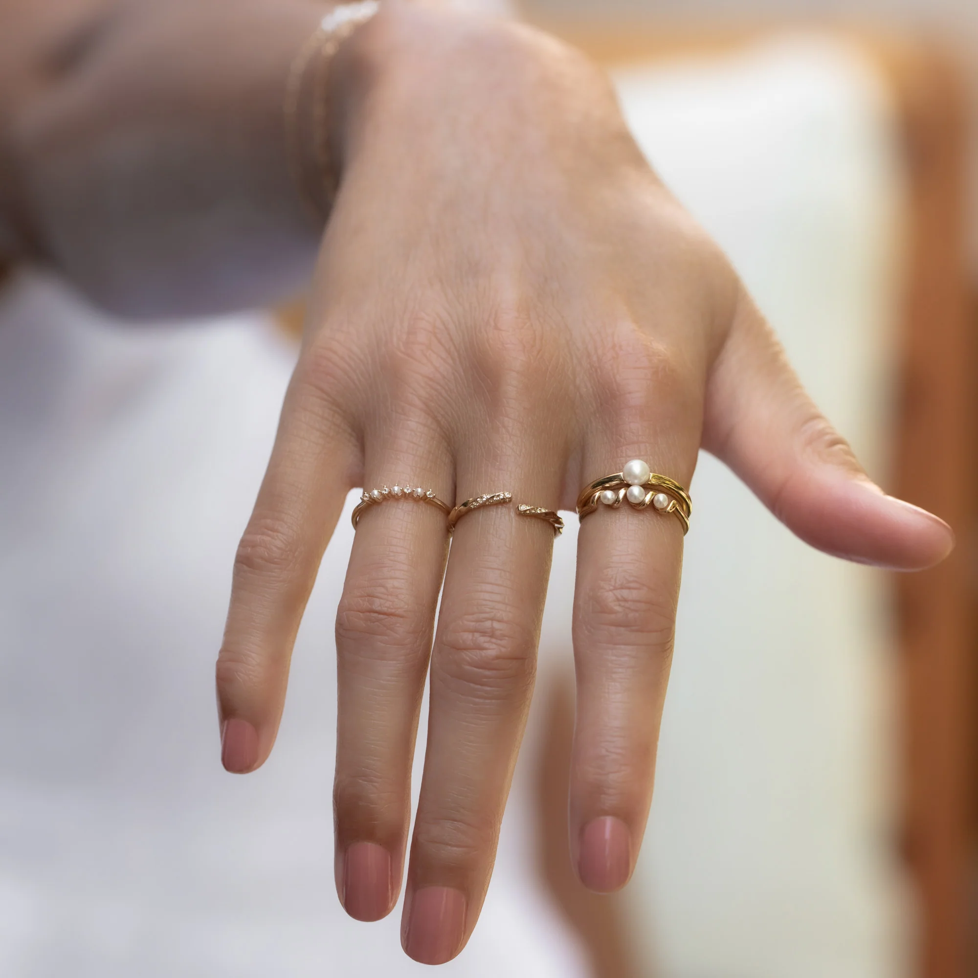 Solid Gold Pearl Trio Ring - Image 5