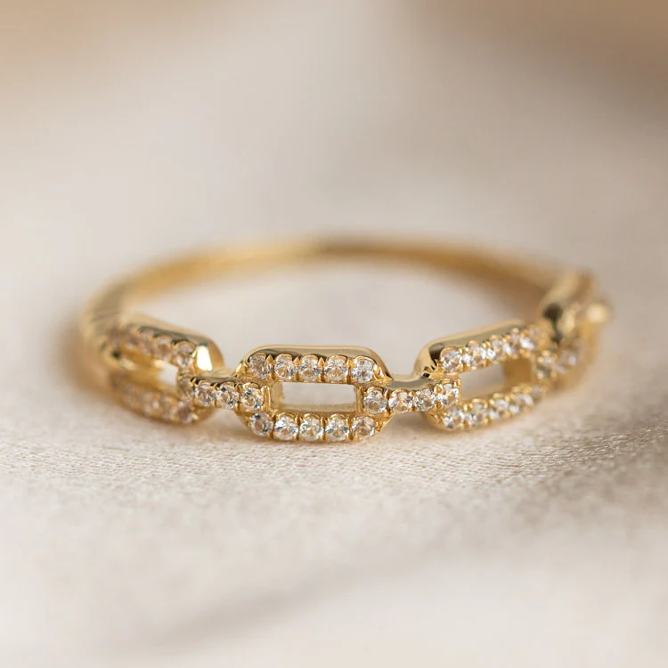 Solid Gold White Sapphire Chunky Chain Link Ring - Image 5
