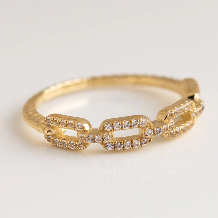 Solid Gold White Sapphire Chunky Chain Link Ring - Image 9