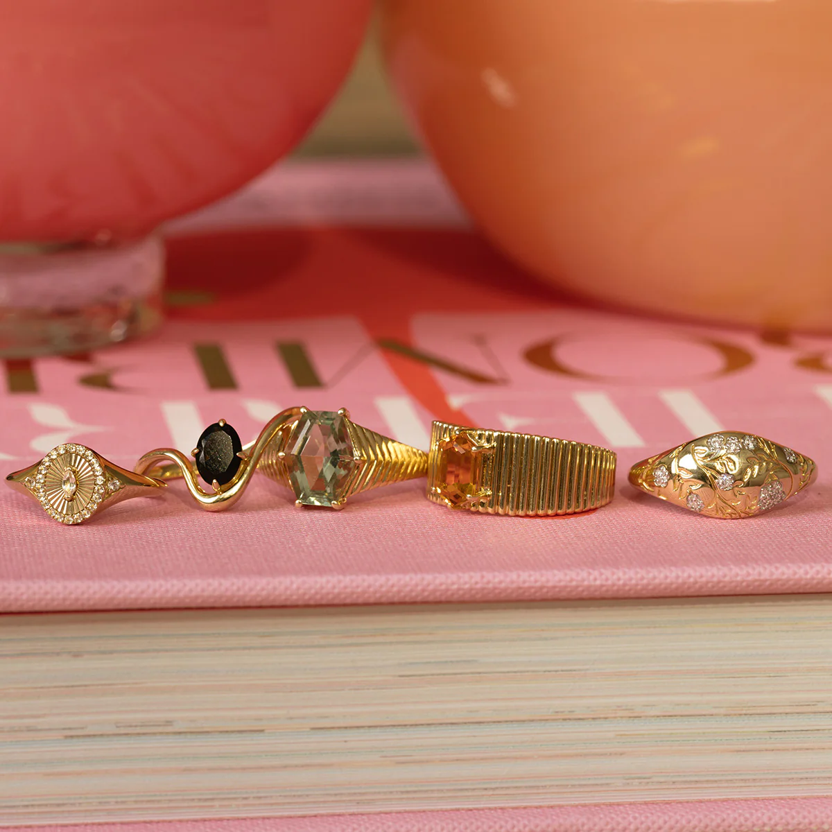 Solid Gold White Topaz Etched Signet Pinky Ring - Image 9