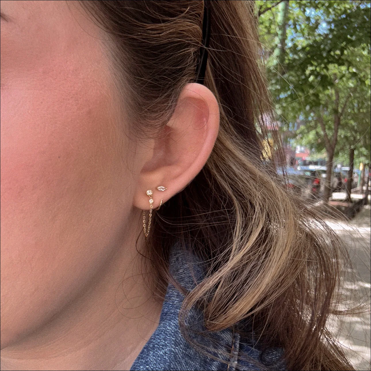 Solid Gold White Topaz Marquise Ear Huggers - Image 4